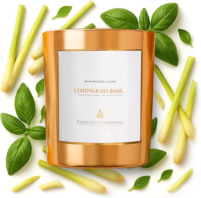 Benevolence LA Premium Lemongrass & Basil Scented Candle – Long-Lasting, 45-Hour Burn – Luxury Natural Soy Wood Wick Candle for Home – Aromatherapy & Room Decor – 8oz