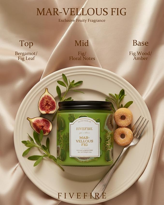 Fig Scented Candles for Office, 13oz Natural Soy Wax 2-Wick Jar, Up to 76-Hour Clean Burn, Green Earthy Creamy Fig Home Fragrance, Gift for Women Men