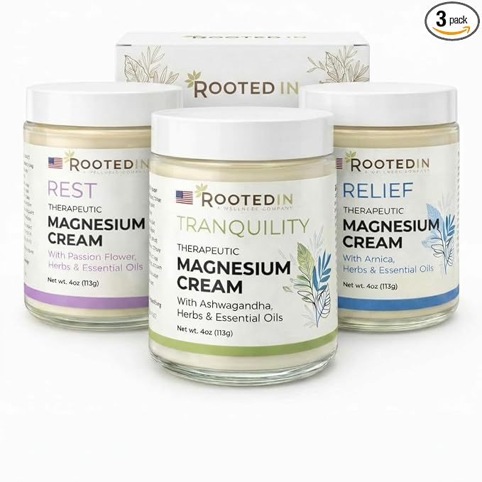 Rooted In Starter Set Includes Tranquility, Rest & Relief Magnesium Cream - Infused with 500mg Pure Magnesium, Herbs & Essential Oils - Non Greasy, Perfect Self-Care Gifts for Adults & Kids