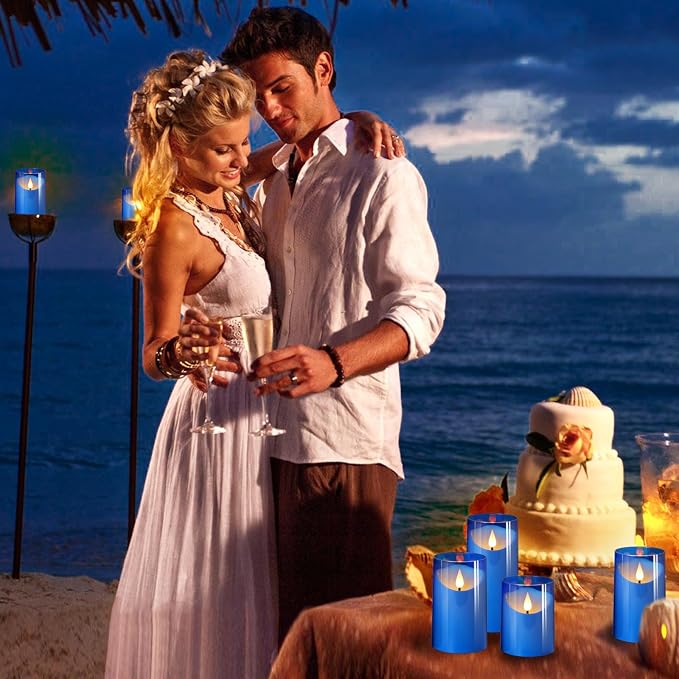 NURADA Flickering Flameless Candles: LED Pillar Candles with Imitation Glass - Acrylic Battery Candles with Remote and Timer for Wedding Party Valentine's Day Decor, Pack of 3 Blue