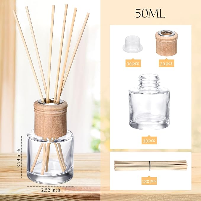 Roshtia 30 Set Reed Diffuser Bottle Empty Refillable Fragrance Glass Diffuser Bottles Set with Wooden Caps Sticks 50ml 1.7 oz Round Glass Jars for DIY Fragrance