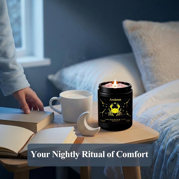 Cancer Birthday Gifts Candle | Zodiac Crystal Candles with Pink Opal Healing Crystals - Cashmere Lavender Scented Soy Candle, 7oz 50H Burn, Unique Spiritual Astrology Gifts for Women Men