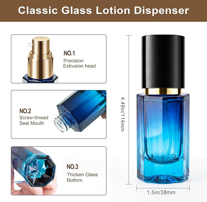1oz Travel Pump Bottle, 30ml Gradient Glass Liquid Dispensing Bottle with 3 Transfer Tools, Leak-Proof Small Refillable Makeup Containers for Toiletries, Lotion, Essential Oils (Black-Blue Gradient)