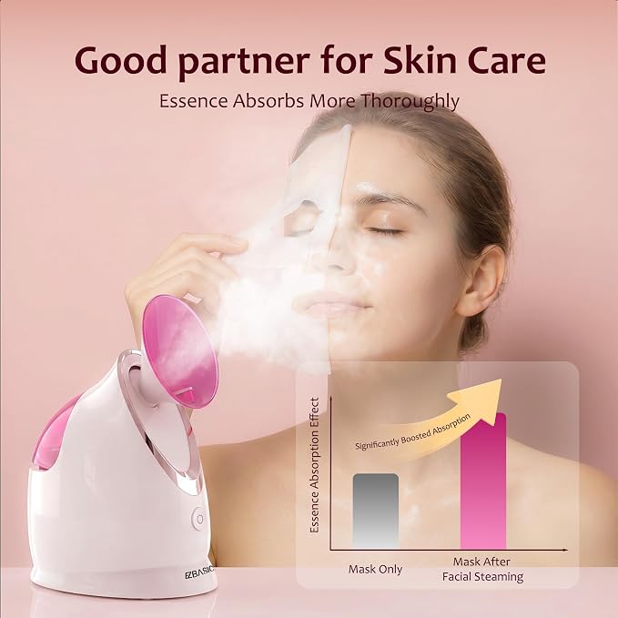 EZBASICS Facial Steamer - Professional Nano Ionic Face Steamer for Facial Deep Cleaning, Warm Mist Humidifier for Home Spa, Unclogs Pores Sinus, Bonus 5 Piece Stainless Steel Skin Kit (Pink)
