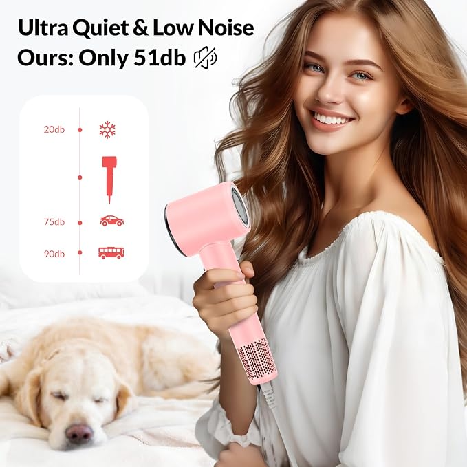 Chignon Hair Dryer with Diffuser, Ionic Travel Hairdryer with 160,000 RPM High-Speed Motor for Fast Drying, 1600W Lightweight Blow Dryer with Concentrator for Women Men, Professional Salon Home, Pink