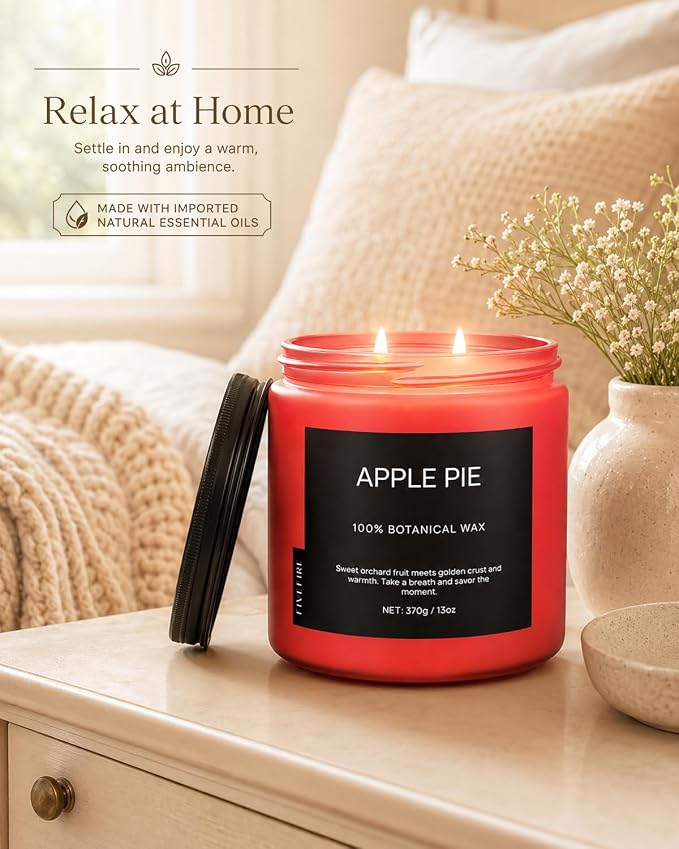 Apple Pie Home Scented Candles, 13oz Organic Soy Wax, 76-Hour Clean Burning, Natural Candles Non Toxic, Warm & Sweet Gourmand Scent for Relaxation, Aromatherapy Housewarming Candle for Men Women