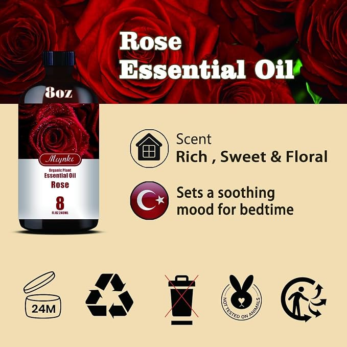 Rose Essential Oil, Rose Oil for Diffuser, Humidifier, Skin Care, Massage, DIY Soap, Candle, Bath, Yoga, Relaxation, Gift Ready, Rose Fragrance Oil - MLYNKL Essential Oils (8.33 fl oz / 250ml)