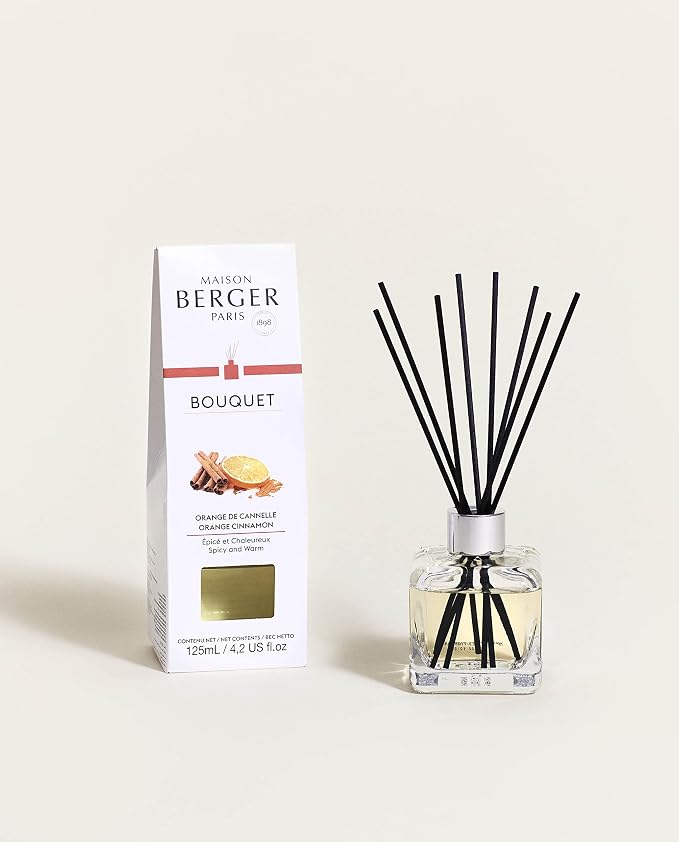 MAISON BERGER Reed Diffuser Bouquet, 100 ml, Orange Cinnamon | Clear Glass Bottle, 8 Reed Sticks, 100 ml Refill, Up to 6-Week Passive Diffusion, No Flame, Made in France