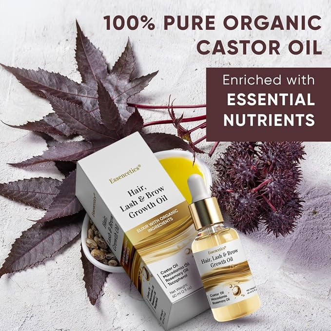 Castor Oil Organic Cold Pressed Unrefined Glass Bottle, Eyebrow Eyelash Growth Serum, Hexane-Free, Pure Rosemary, Macadamia Infused Oils for Hair and Scalp Growth, Natural Brow Lash Oil 2oz