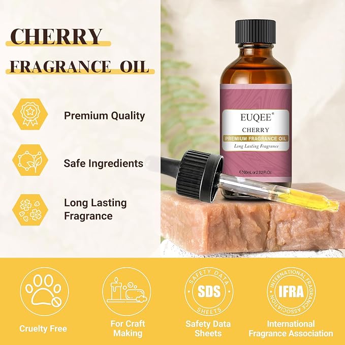 EUQEE 2.02 Fl oz Cherry Fragrance Oil, 60ml Premium Essential Oil with Glass Dropper for Diffusers, Candle & Soap Making