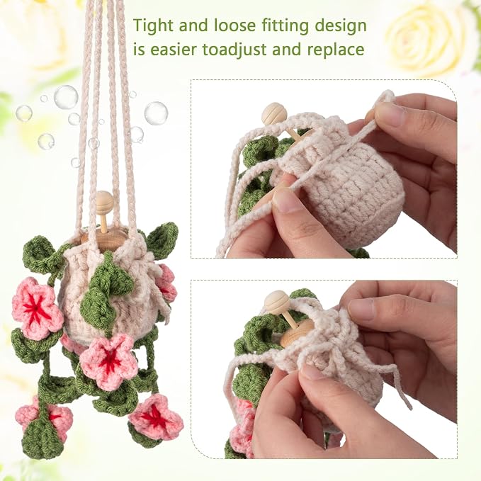 DaisyInner Cute Crochet Plant Car Freshener 12ml Empty Refillable Diffuser Bottle with Plants Hanging Accessories for Ornaments Charms Rearview Mirror Home Office Decor Women Gifts(Cherry Blossoms)