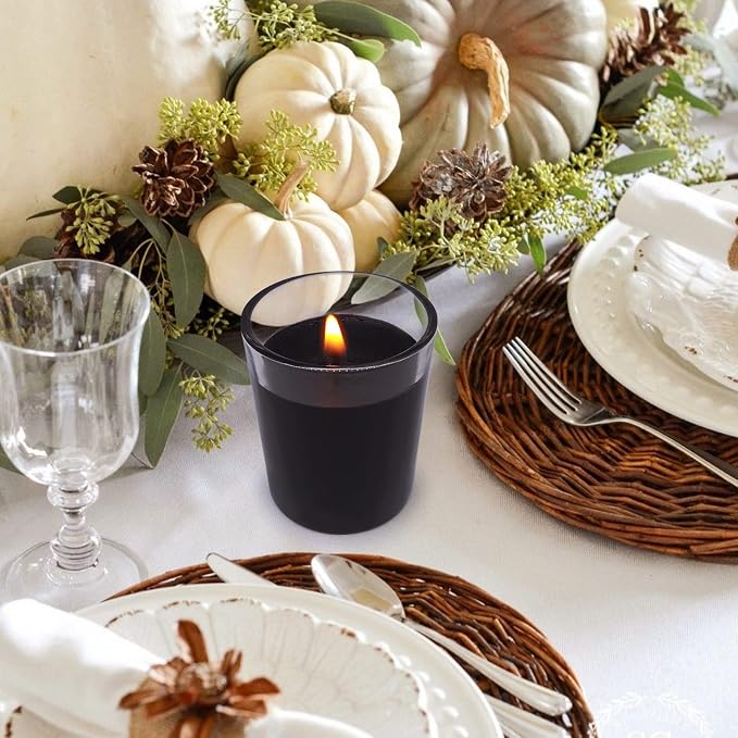 Set of 20 Black Votive Candles for Halloween Pumpkin, Clear Glass Filled Unscented Soy Wax Candle for Dinner Parties, Home Decorations and DIY