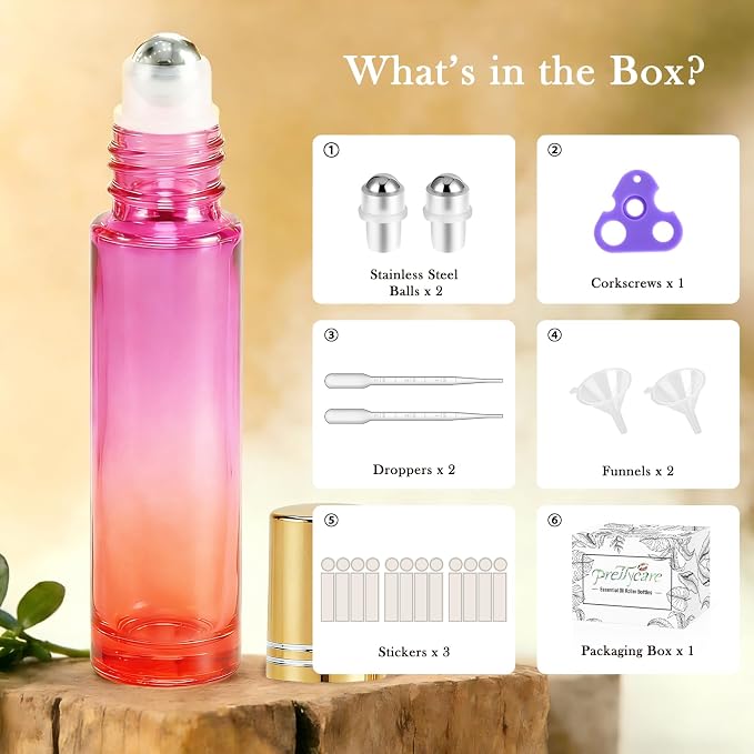 PrettyCare 12 Pack, 10 ml Essential Oil Roller Bottles with Stainless Steel Roller Ball - Refillable Leak-proof Empty Thick Red & Purple Glass Roll on Bottles with Golden Caps for Travel, Perfume