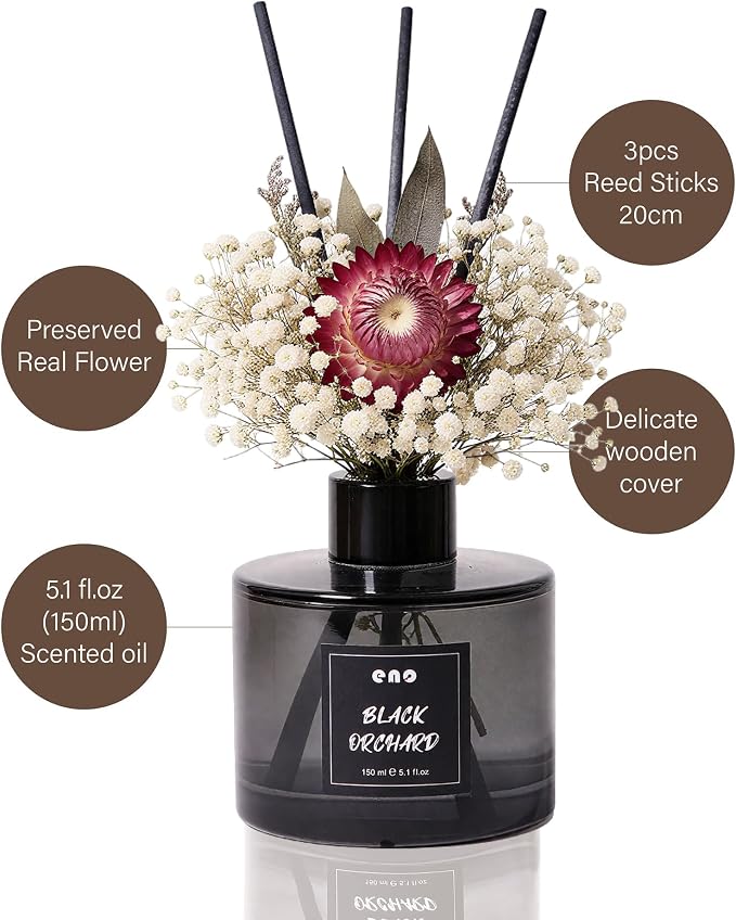 Reed Diffuser Set with Dried Flowers, 5.1 fl oz / 150ml, Black Orchard - Home Fragrance Diffuser with Sticks for Bathroom Shelf Decor, Bedroom, Office & Gift