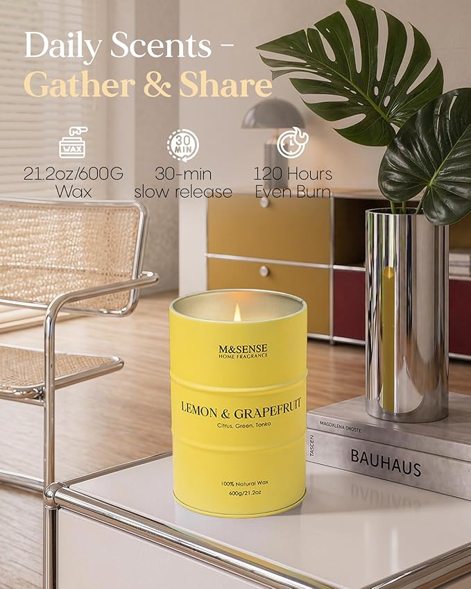 M&SENSE Lemon Candle Large for Home Scented, Lemon Soy Candles 21.2oz 120 Hour Slow Burning, Highly Scented Limoncello Grapefruit Citrus Candles for Bathroom, Fresh Smelling Candle