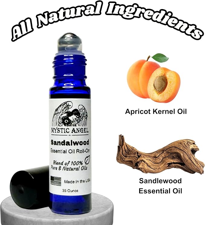 Mystic Angel Sandalwood Essential Oil Roll-On - Aromatherapy for Body & Soul, Safe for All Skin Types, Made in the USA, .35 Oz.