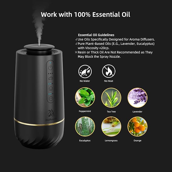 Waterless Oil Diffuser, Portable Car Diffusers for Essential Oils, Wireless Diffusers with 3 Mist Levels & Timer, ABS Material, Starry Night Light for Car Home Office, Includes 3 Scent Oils