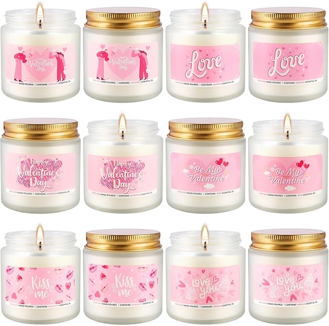 Valentine's Day Pink Scented Candles-12Pcs 3.5oz Each-Natural Plant Essential Oils & Cotton Wick, Aromatherapy Candle for Relaxing Stress Relief, Home Decor & Romantic Gifts for Her.