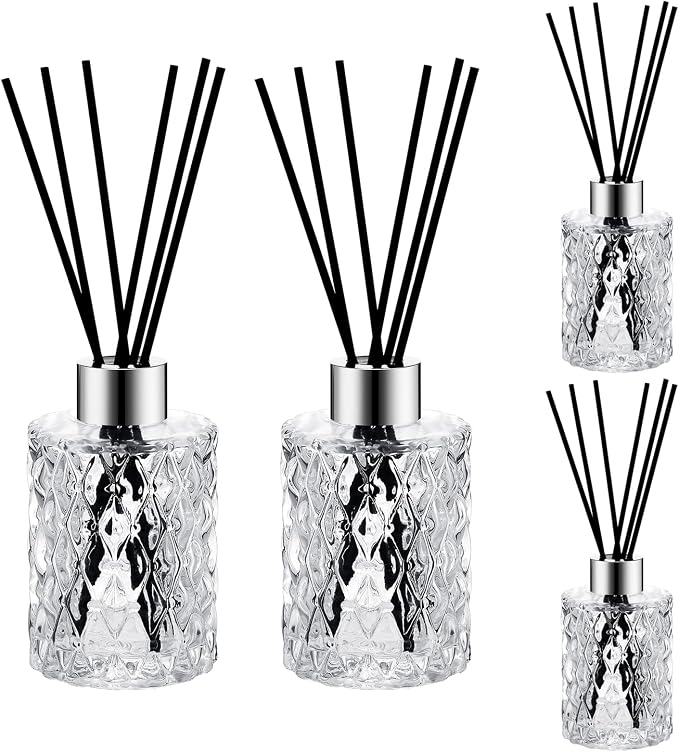 Norme 4 Set Empty Reed Diffuser Bottle Set with Stick, 150ml/5oz Clear Diffuser Glass Jars with Black Rattan Reed & Cap, for DIY Essential Oil, Fragrance, Home Fragrance, Bulk (Silver)