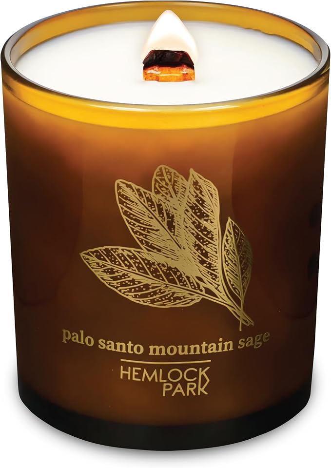 Hemlock Park Palo Santo Mountain Sage Amber & Gold Scented Candle | Crackling Wood Wick, Botanical Fragrance & Coconut Apricot Wax | Up to 70 Hour Burn Time | 14 oz | Made in USA