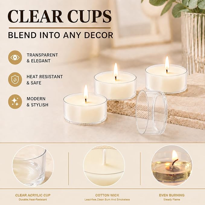 50 Pack Soy Tealight Candles, 4 Hours Unscented White Tea Candles | Natural Soy Wax,Clean Burning,Clear Cup Design,Small Votives Bulk for Home Decor Wedding Spa Meditation and Wax Warmers