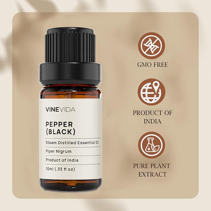 VINEVIDA Black Pepper Essential Oil 10 mL - Undiluted, Pure, Vegan, Reusable Glass Bottle with Euro Dropper