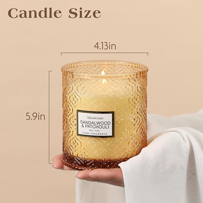 Sandalwood & Patchouli Candle, Luxury Decorative Glass Candle 19oz, Soy Wax Scented Gift for Women, Elegant Home Fragrance