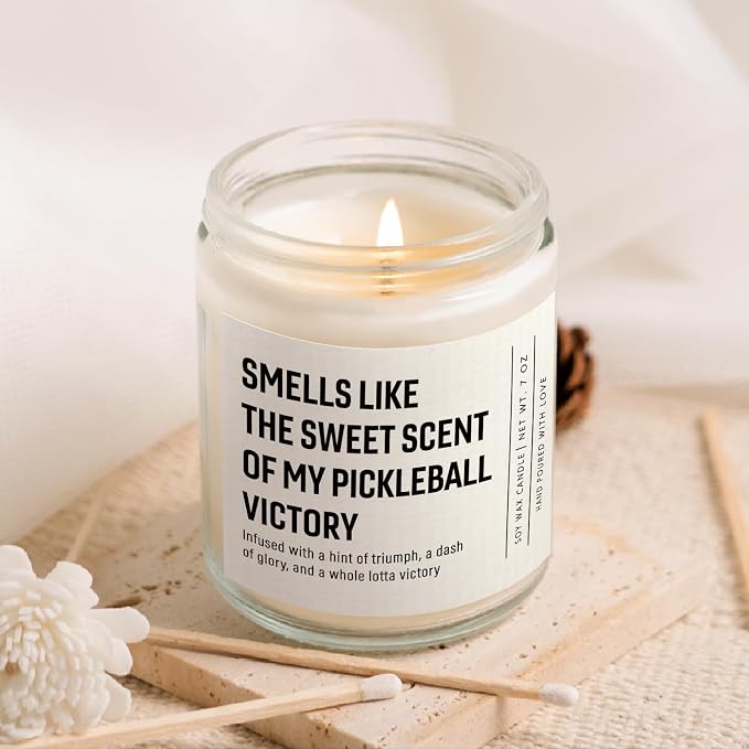 Shqiueos Funny Pickleball Gifts for Women - Smells Like Pickleball Victory Candle 7oz Lavender Scented, Gifts for Pickleball Lovers Players, Pickleball Tournament or Birthday Gift