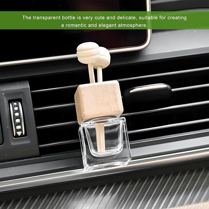 4PCS Car Diffuser Air Freshener Bottle, Refillable Empty Perfume Diffuser Vent Clip with Wooden Cap, Universal Essential Oil Glass Bottle Fragrance Ornament for Most Vehicles
