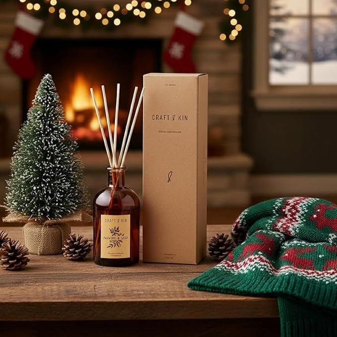 Craft & Kin Lily & Jasmine Reed Diffuser – 5.75 oz Essential Oil Diffuser for Home & Bathroom – Up to 120-Day Fragrance with 8 Rattan Scent Sticks – Amber Glass Room Decor