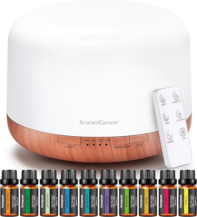 InnoGear Aromatherapy Diffuser & 10 Essential Oils Set, 500ml Essential Oil Diffuser with Remote Control Mother's Gift Ultrasonic Cool Mist Scent Humidifier Vaporizer Auto-Off Timer for Home, Yellow