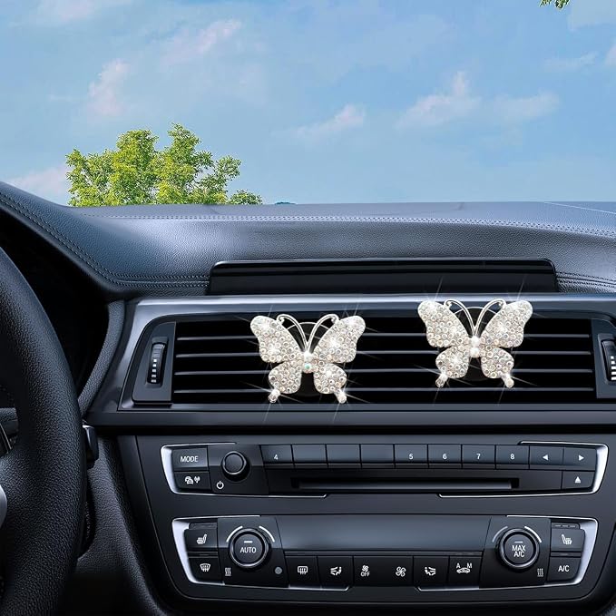 Bittwee 2PCS Bling Butterfly Car Freshener Air Vent Clips, Sparkling Crystal Rhinestone Auto Diffuser Clamps, Full Diamond Vehicle Interior Decoration Charm for Women Girls, Universal Fit（AB）