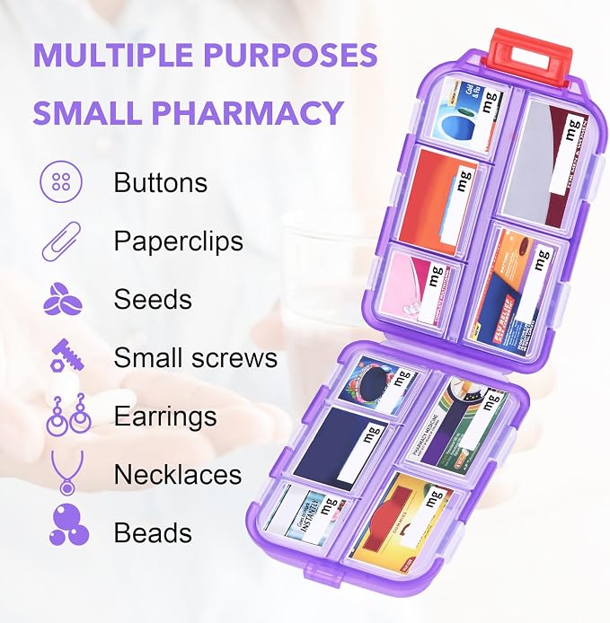 Large Medicine Pill Organizer with 189 Labels, 10 Compartments Purse Pill Case Travel Medicine Organizer Essentials Travel Daily Pill Container (Purple, 1 Pack)