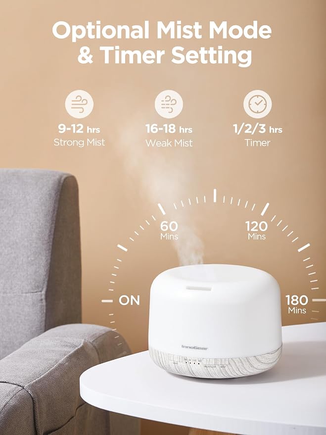 InnoGear 500ml Essential Oil Diffuser with Remote Control, Premium Ultrasonic Aromatherapy Diffusers Mother's Gift Scent Humidifier Vaporizer Auto-Off Timer for Large Room Home, White