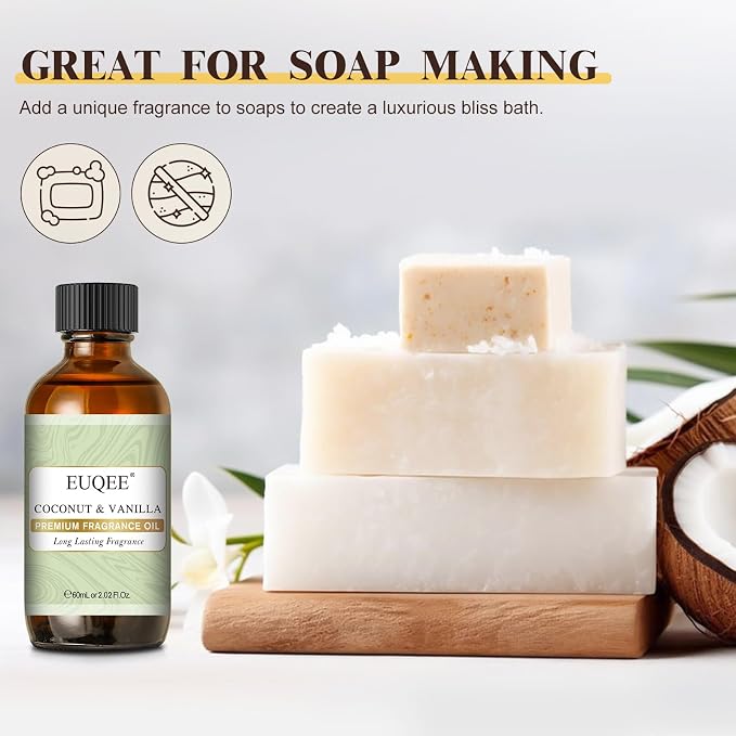 Coconut & Vanilla Fragrance Oils, Premium Essential Oils with Glass Dropper for Diffusers, Candle & Soap Making, Bath Bombs (2.02 Fl oz/60 ml)