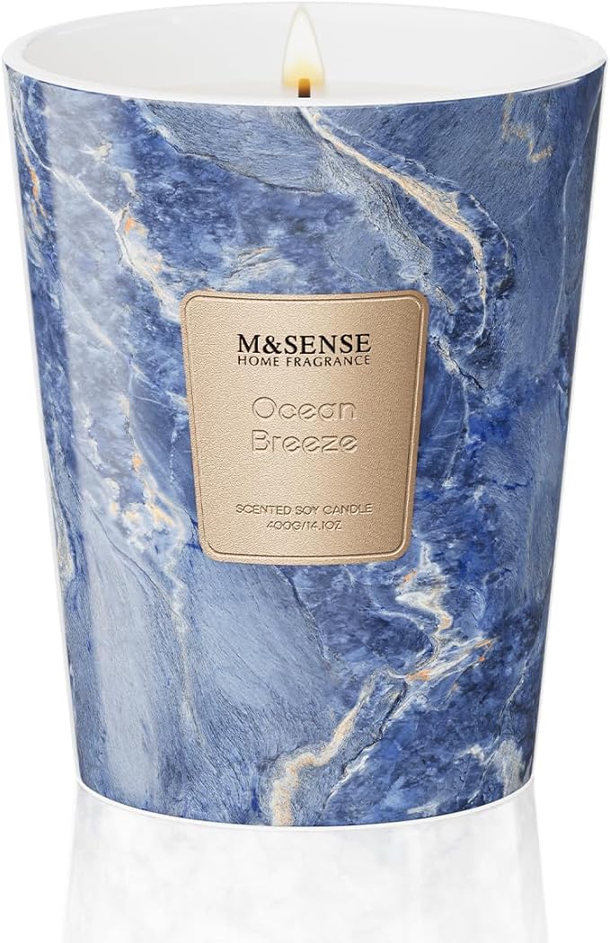 M&SENSE Ocean Breeze Scented Soy Candle, 3 Wick Highly Scented 14.1 Oz 75H, Aromatherapy Christmas Gift for Women and Men