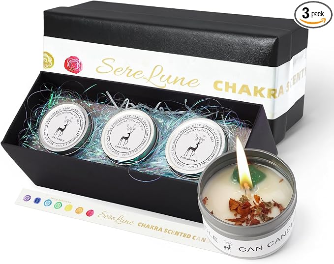 Chakra Crystals Candle, 3 Scented Soy Candles with Crystals, Spiritual Gifts for Women, Mothers Day Gifts, Aromatherapy Candle, Canned Soy Candles (Enery Balance Set)