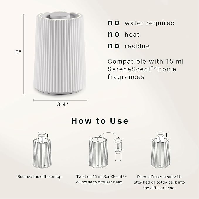 Homedics Waterless Essential Oil Diffuser with 15ml Vanilla Cedarwood Fragrance Oil. SereneScent Cordless Cold Air Scent Diffuser Starter Kit with Ambient Light, Studio 671 (White)