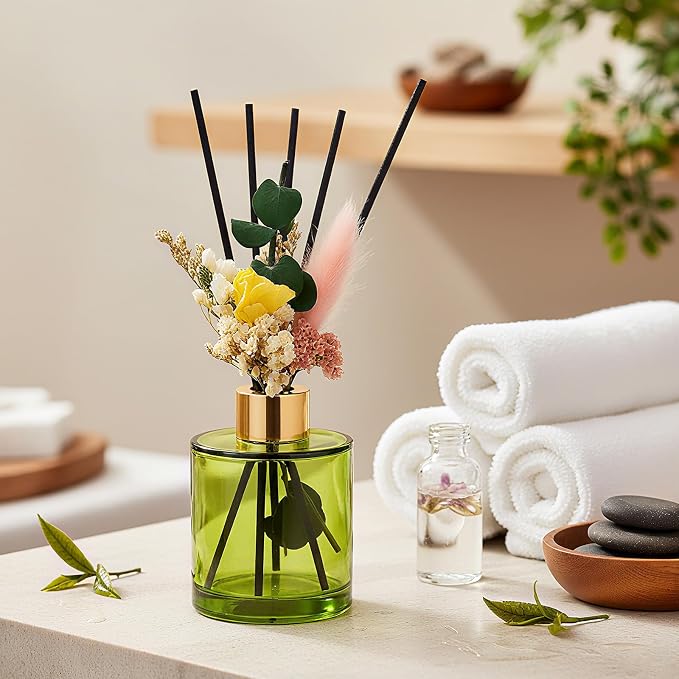 Rtteri 2 Reed Diffuser Sets Flower Oil Diffuser Sticks with Refill Empty 5oz Bottles Scent Glass for Fragrance Home Bathroom Gifts, Oil Not Included (Green Color)