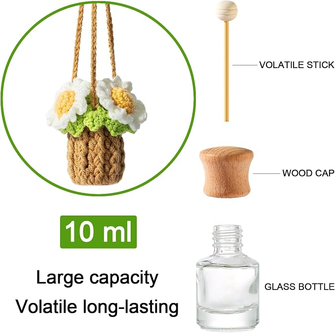 Crochet Car Air Freshener, Empty Refillable Oil Diffuser Bottle with Hanging Crochet Plant for Car Rearview Mirror Decor, Handmade Home and Office Decor (Daisy)