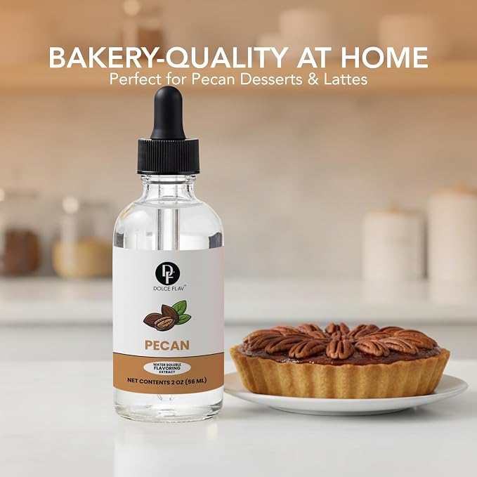 Dolce Flav Natural Pecan Extract – Concentrated Flavoring for Baking, Candy Making & Beverages – Water Soluble Liquid Flavor Drops – Professional Strength Food Grade Flavoring – 2 Fl Oz