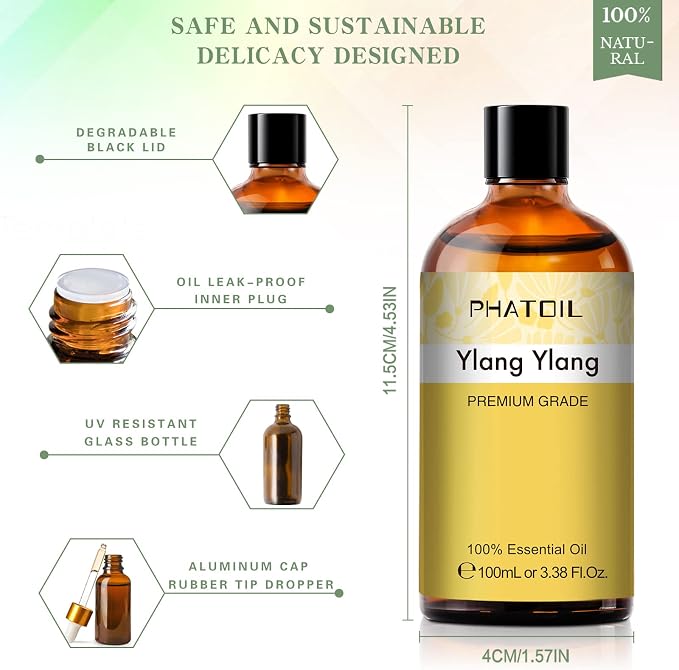 PHATOIL 100ML Ylang Ylang Essential Oil, Premium Essential Oils for Diffuser, Humidifier, 3.38fl.oz Scented Oils for Soap, Candle Making
