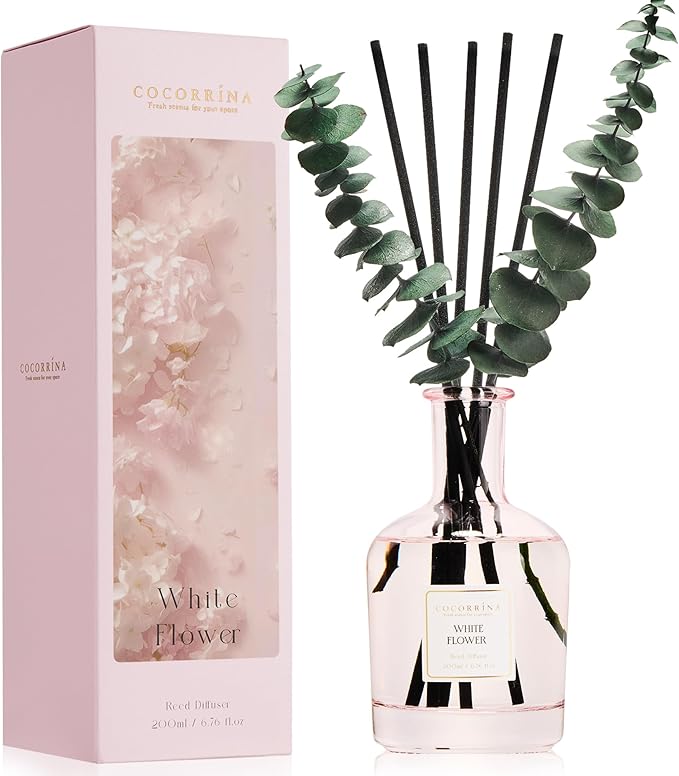 COCORRÍNA White Flower Reed Diffuser – 6.76 oz Essential Oil with 8 Reeds & Real Eucalyptus Sticks, Home Fragrance for Bedroom or Bathroom Décor