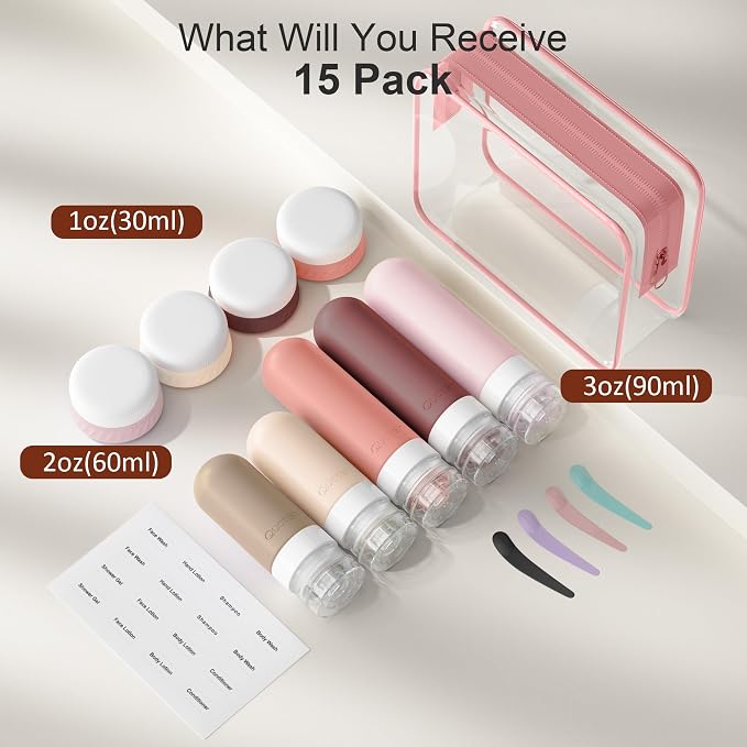 Quatish 15 Pack Travel Bottles for Toiletries, Original Patented, TSA Approved Travel Size Containers, Leak Proof Silicone Shampoo and Conditioner Bottles Women & Men, Airplane Essentials,Red Rock