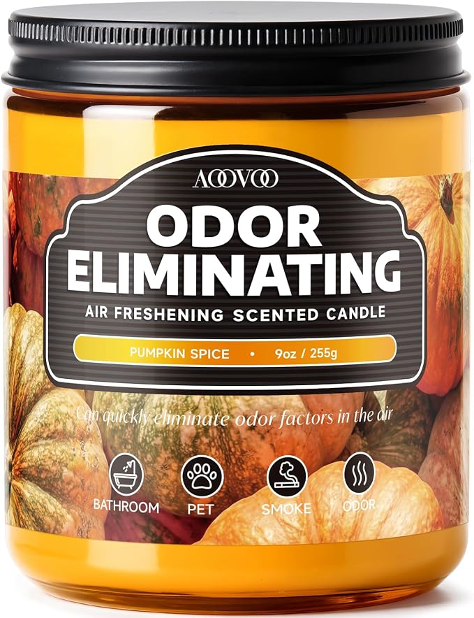 AOOVOO Pumpkin Spice Odor Eliminating Highly Fragranced Candle - Eliminates 95% of Pet, Smoke, Food, and Other Smells Quickly, Non Toxic Air Freshing Soy Candle, 9 oz Up to 50 Hours Burn time