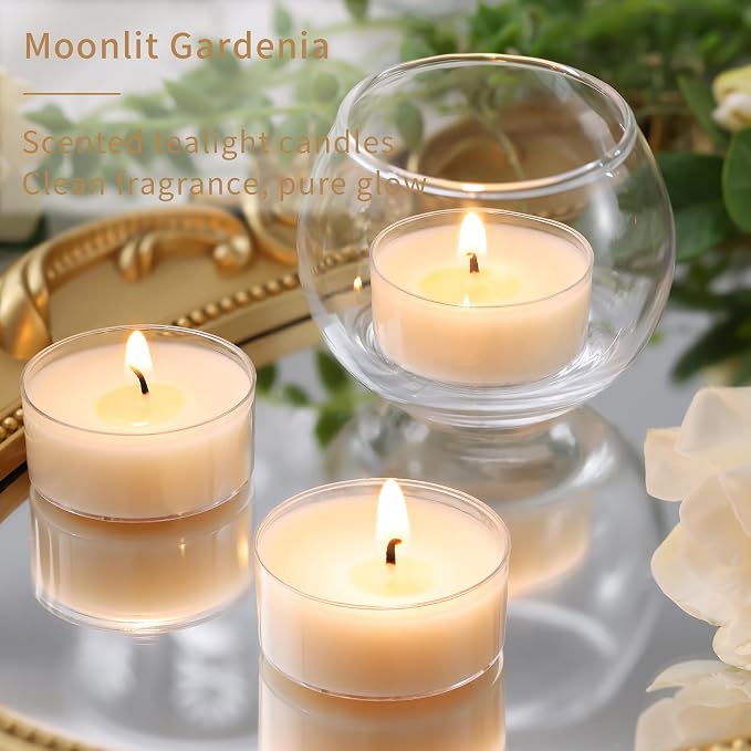 DEVI Moonlit Gardenia Highly Scented Tea Lights Candles 48 Pack, 5-6 Hours Natural Palm Tea Candles for Home Scented, Small Cream Votives with Essential Oils for Home Aromatherapy,Gifts for Woman