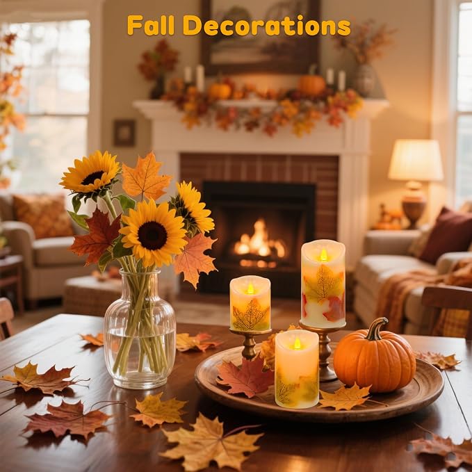 Flameless Candles Lights,Set of 3 Maple Leaf Flickering LED Candles with Remote & Timer, Dimmable LED Pillar Candles Battery Operated, Electric Candles for Thanksgiving Halloween Fall Harvest Decor