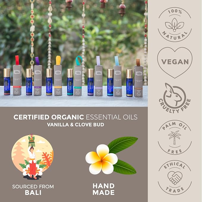 Grounding Vanilla Essential Oil Roll On with Positive Energy Chakra Crystals - Organic Essential Oils Blend, Roll On with Healing Crystals - Natural Essential Oil
