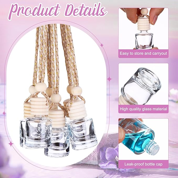 60 Pcs Hanging Car Air Freshener Car Diffuser Bottle Empty Glass Perfume Bottles Air Freshener Diffuser Bottle Pendant for Essential Oils Fragrance Aromatherapy Ornament Decor (Various Style)