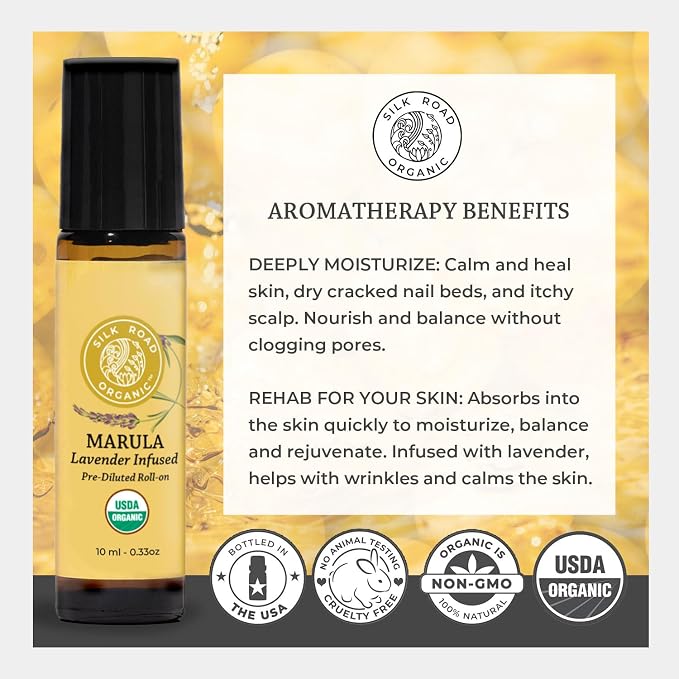 Silk Road Organic Marula Oil & Lavender Essential Oil Roll On, USDA Certified - Deep Hydration for Skin, Nails, Hair, Feet - 10 ml Aromatherapy Roller